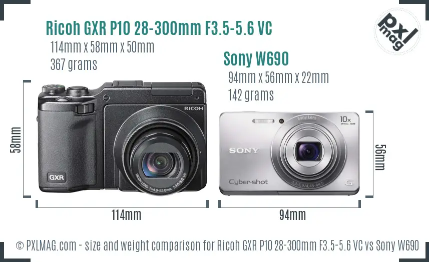 Ricoh GXR P10 28-300mm F3.5-5.6 VC vs Sony W690 size comparison