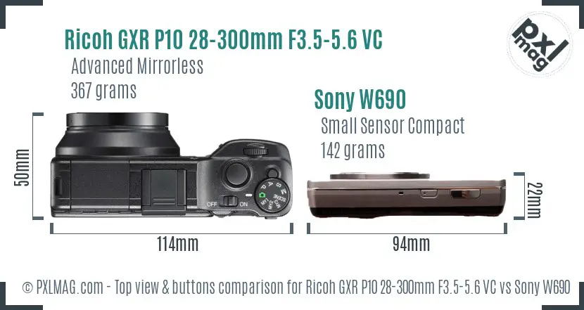Ricoh GXR P10 28-300mm F3.5-5.6 VC vs Sony W690 top view buttons comparison
