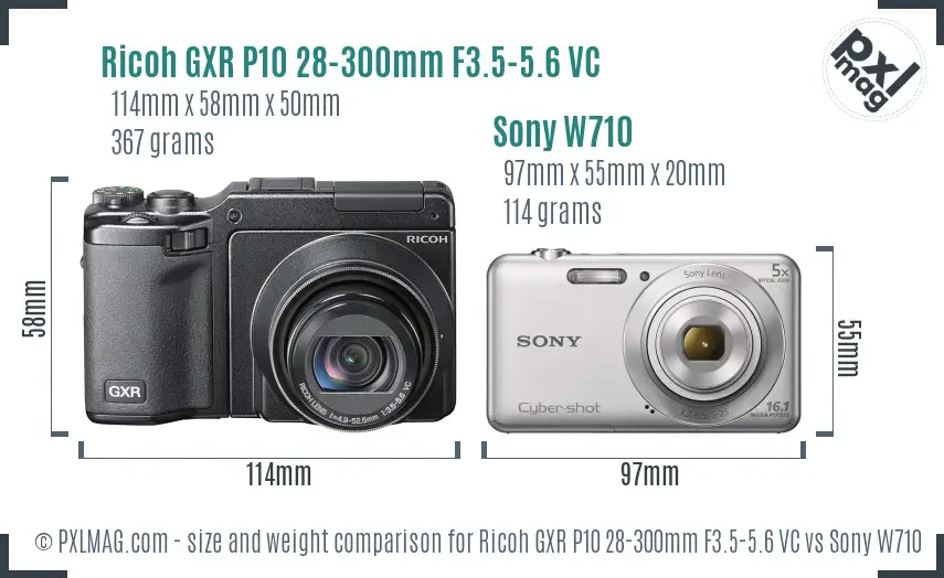 Ricoh GXR P10 28-300mm F3.5-5.6 VC vs Sony W710 size comparison