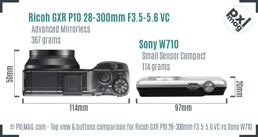 Ricoh GXR P10 28-300mm F3.5-5.6 VC vs Sony W710 top view buttons comparison