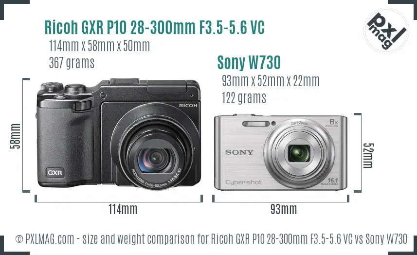 Ricoh GXR P10 28-300mm F3.5-5.6 VC vs Sony W730 size comparison
