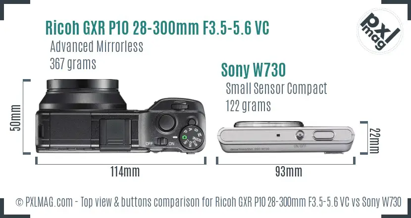 Ricoh GXR P10 28-300mm F3.5-5.6 VC vs Sony W730 top view buttons comparison