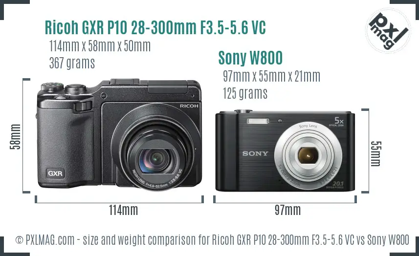 Ricoh GXR P10 28-300mm F3.5-5.6 VC vs Sony W800 size comparison