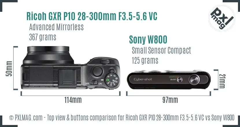 Ricoh GXR P10 28-300mm F3.5-5.6 VC vs Sony W800 top view buttons comparison