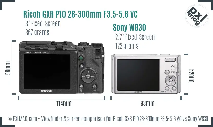Ricoh GXR P10 28-300mm F3.5-5.6 VC vs Sony W830 Screen and Viewfinder comparison