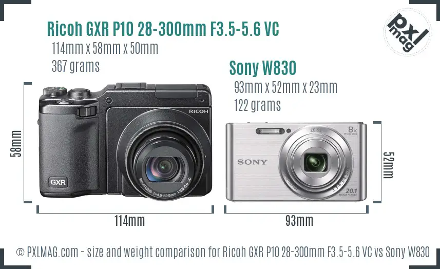 Ricoh GXR P10 28-300mm F3.5-5.6 VC vs Sony W830 size comparison