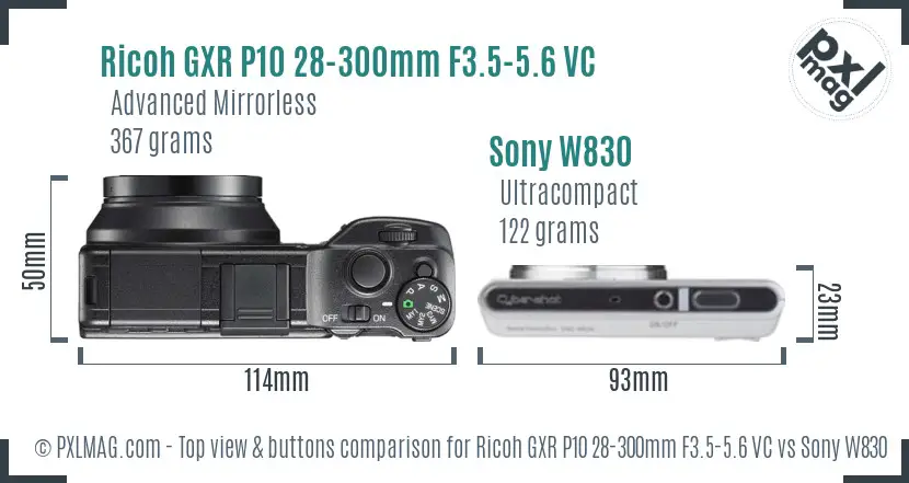 Ricoh GXR P10 28-300mm F3.5-5.6 VC vs Sony W830 top view buttons comparison