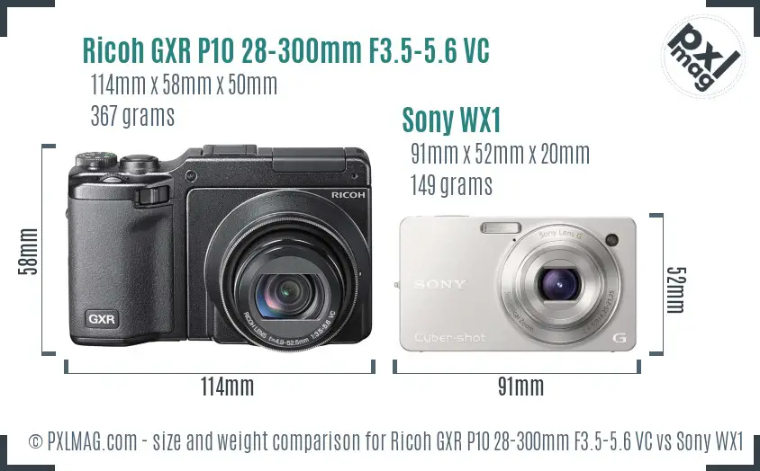 Ricoh GXR P10 28-300mm F3.5-5.6 VC vs Sony WX1 size comparison