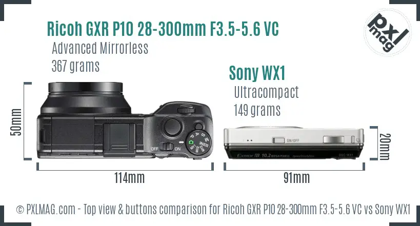 Ricoh GXR P10 28-300mm F3.5-5.6 VC vs Sony WX1 top view buttons comparison