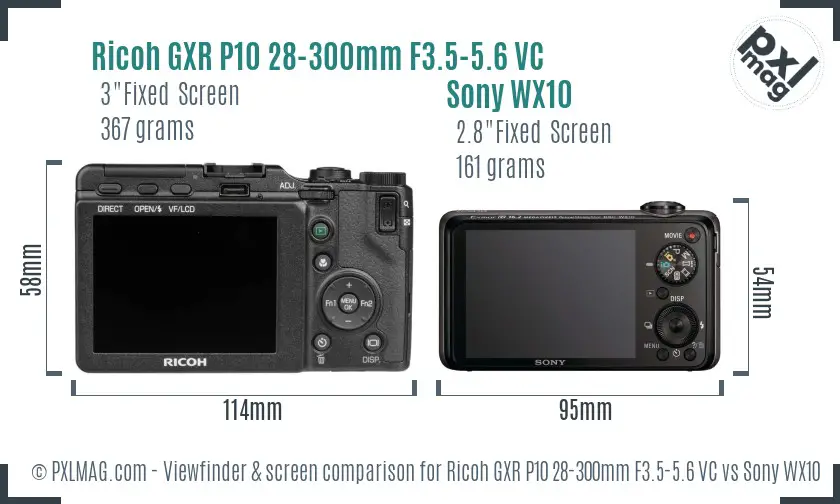 Ricoh GXR P10 28-300mm F3.5-5.6 VC vs Sony WX10 Screen and Viewfinder comparison