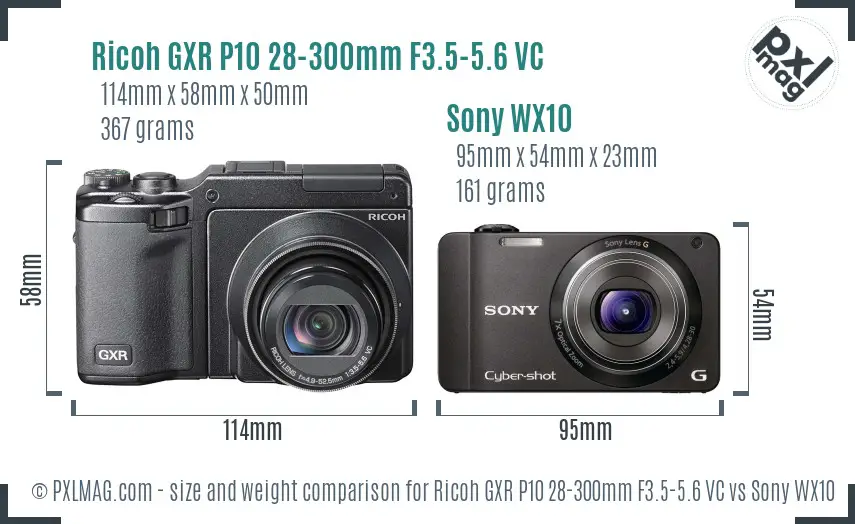 Ricoh GXR P10 28-300mm F3.5-5.6 VC vs Sony WX10 size comparison