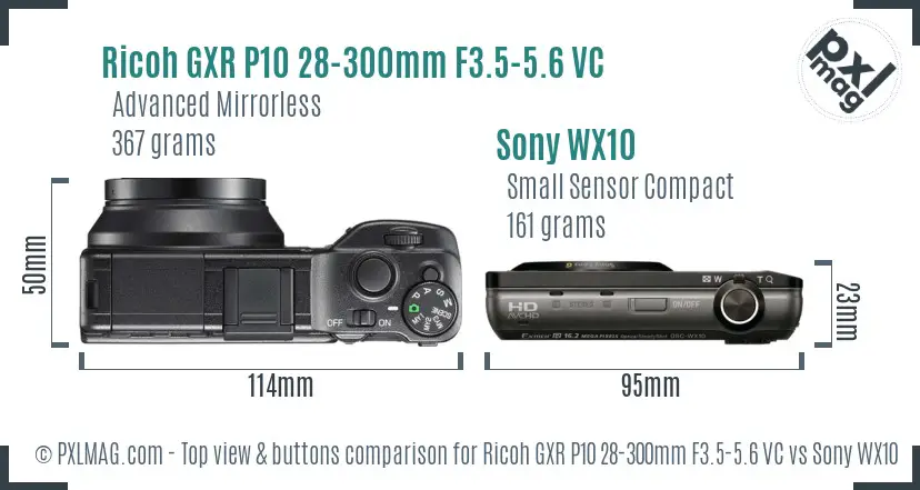 Ricoh GXR P10 28-300mm F3.5-5.6 VC vs Sony WX10 top view buttons comparison