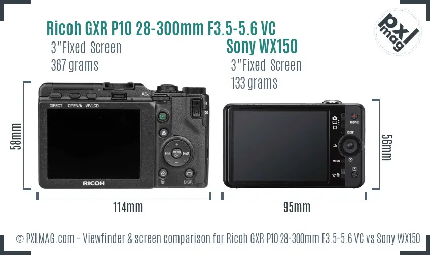 Ricoh GXR P10 28-300mm F3.5-5.6 VC vs Sony WX150 Screen and Viewfinder comparison