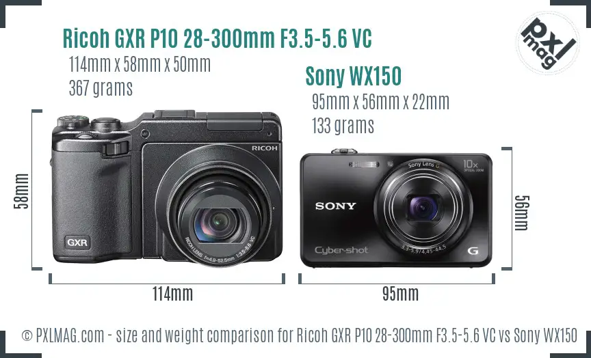 Ricoh GXR P10 28-300mm F3.5-5.6 VC vs Sony WX150 size comparison