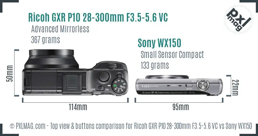 Ricoh GXR P10 28-300mm F3.5-5.6 VC vs Sony WX150 top view buttons comparison