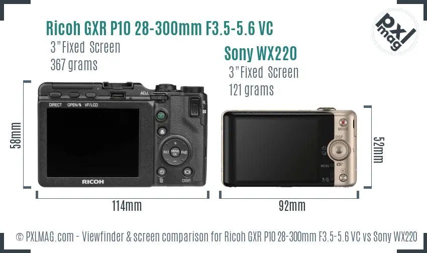 Ricoh GXR P10 28-300mm F3.5-5.6 VC vs Sony WX220 Screen and Viewfinder comparison