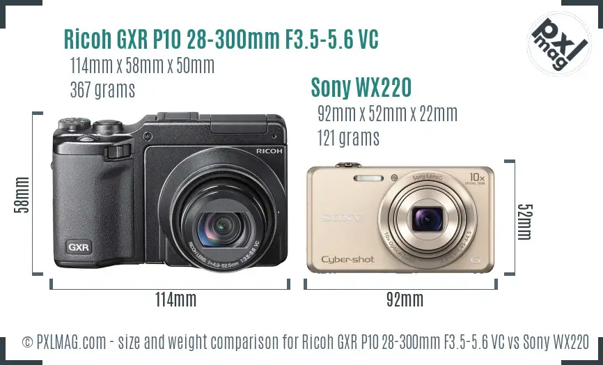 Ricoh GXR P10 28-300mm F3.5-5.6 VC vs Sony WX220 size comparison