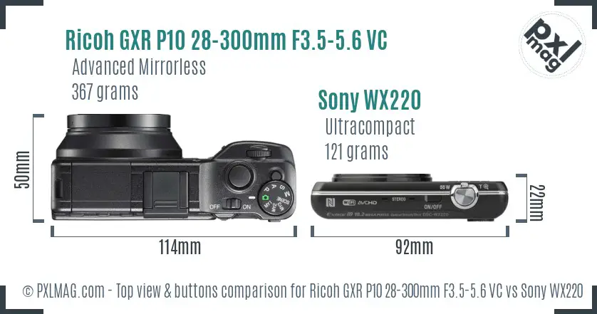 Ricoh GXR P10 28-300mm F3.5-5.6 VC vs Sony WX220 top view buttons comparison