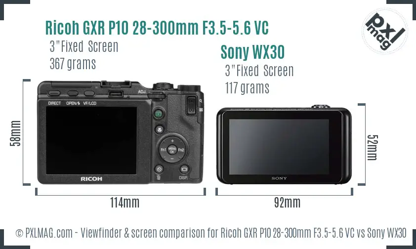 Ricoh GXR P10 28-300mm F3.5-5.6 VC vs Sony WX30 Screen and Viewfinder comparison