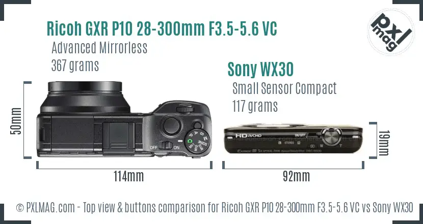 Ricoh GXR P10 28-300mm F3.5-5.6 VC vs Sony WX30 top view buttons comparison