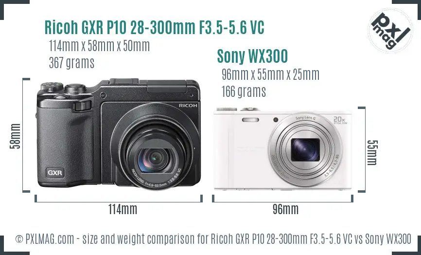 Ricoh GXR P10 28-300mm F3.5-5.6 VC vs Sony WX300 size comparison