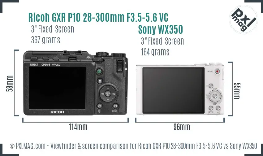 Ricoh GXR P10 28-300mm F3.5-5.6 VC vs Sony WX350 Screen and Viewfinder comparison