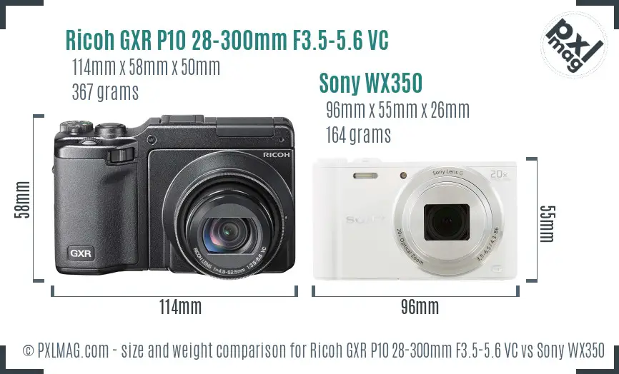 Ricoh GXR P10 28-300mm F3.5-5.6 VC vs Sony WX350 size comparison