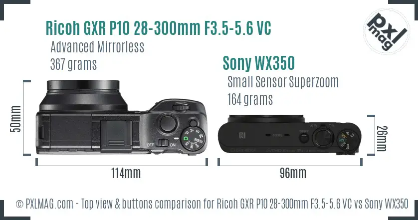 Ricoh GXR P10 28-300mm F3.5-5.6 VC vs Sony WX350 top view buttons comparison