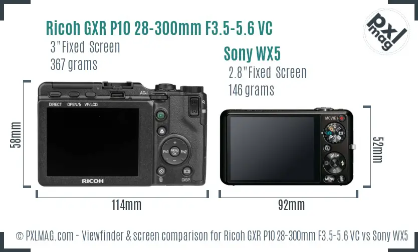 Ricoh GXR P10 28-300mm F3.5-5.6 VC vs Sony WX5 Screen and Viewfinder comparison