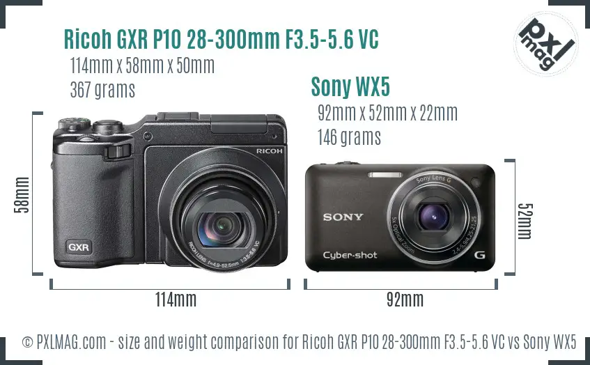 Ricoh GXR P10 28-300mm F3.5-5.6 VC vs Sony WX5 size comparison