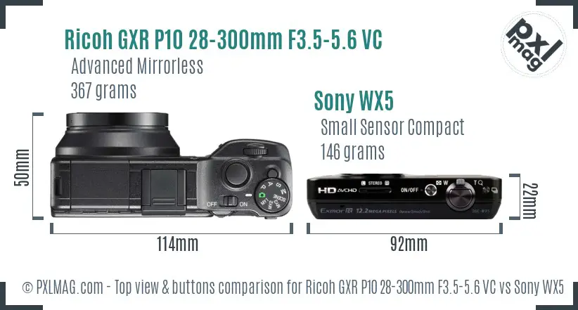 Ricoh GXR P10 28-300mm F3.5-5.6 VC vs Sony WX5 top view buttons comparison