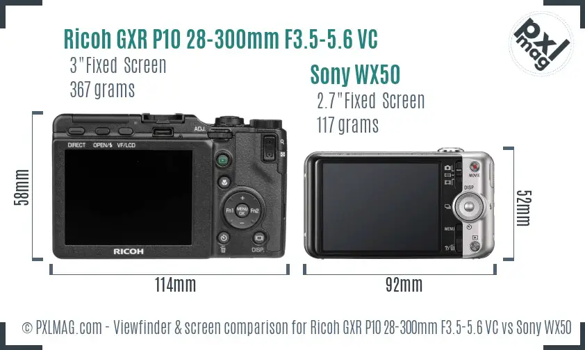 Ricoh GXR P10 28-300mm F3.5-5.6 VC vs Sony WX50 Screen and Viewfinder comparison