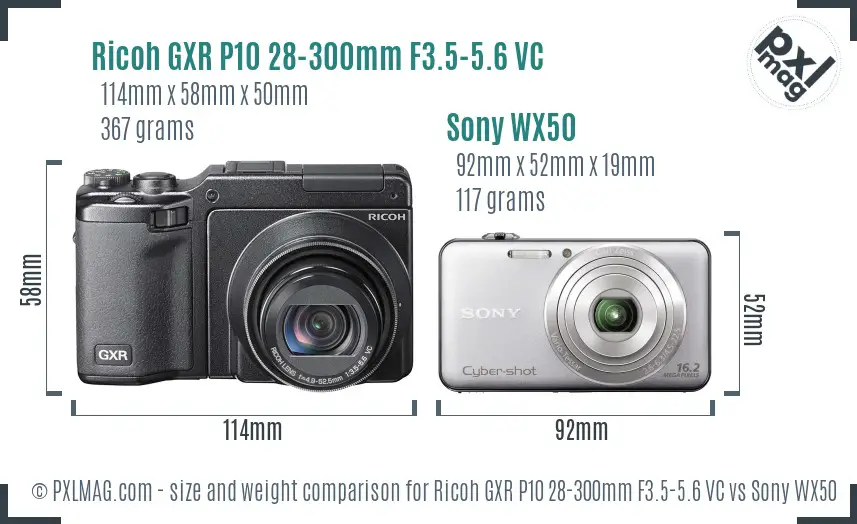 Ricoh GXR P10 28-300mm F3.5-5.6 VC vs Sony WX50 size comparison