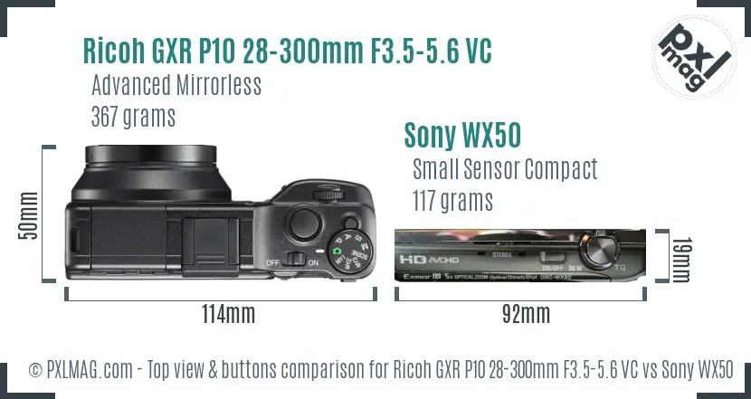 Ricoh GXR P10 28-300mm F3.5-5.6 VC vs Sony WX50 top view buttons comparison