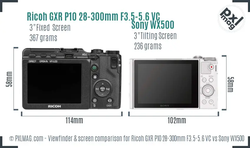 Ricoh GXR P10 28-300mm F3.5-5.6 VC vs Sony WX500 Screen and Viewfinder comparison