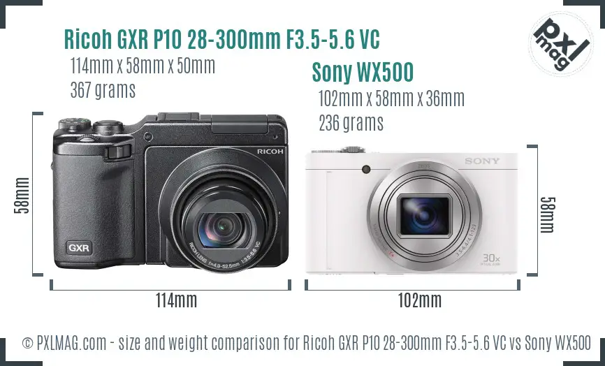 Ricoh GXR P10 28-300mm F3.5-5.6 VC vs Sony WX500 size comparison