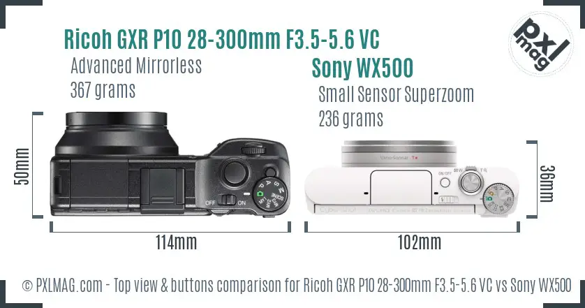 Ricoh GXR P10 28-300mm F3.5-5.6 VC vs Sony WX500 top view buttons comparison