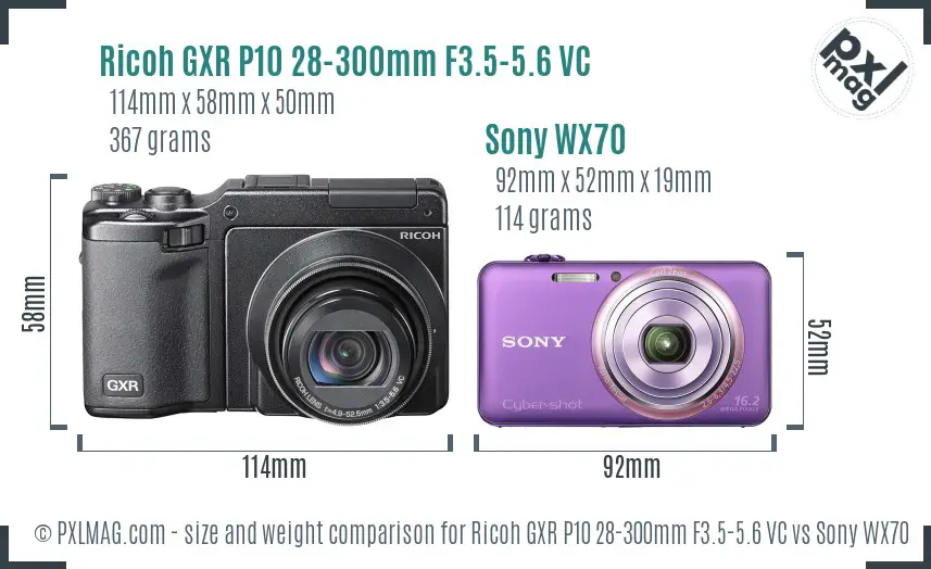 Ricoh GXR P10 28-300mm F3.5-5.6 VC vs Sony WX70 size comparison