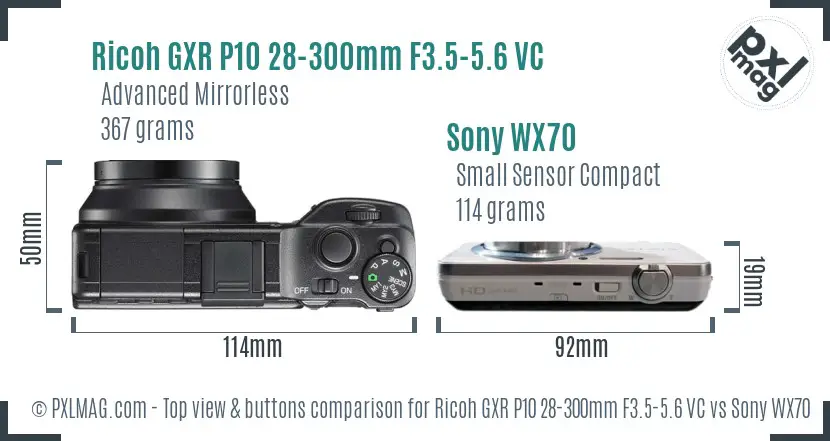 Ricoh GXR P10 28-300mm F3.5-5.6 VC vs Sony WX70 top view buttons comparison