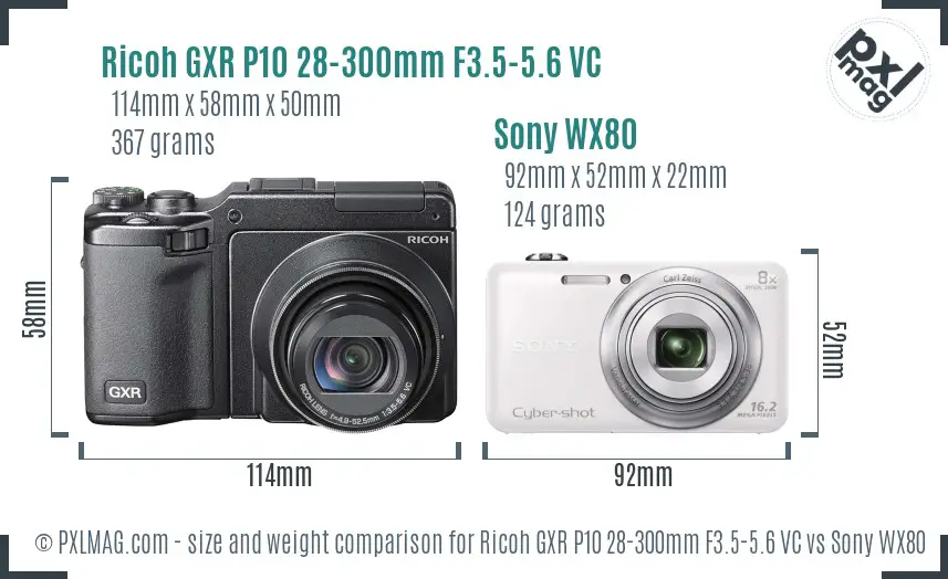 Ricoh GXR P10 28-300mm F3.5-5.6 VC vs Sony WX80 size comparison