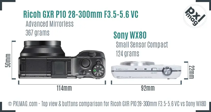 Ricoh GXR P10 28-300mm F3.5-5.6 VC vs Sony WX80 top view buttons comparison