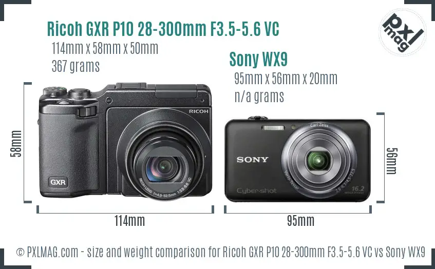 Ricoh GXR P10 28-300mm F3.5-5.6 VC vs Sony WX9 size comparison