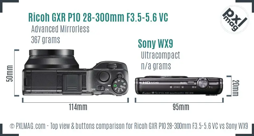 Ricoh GXR P10 28-300mm F3.5-5.6 VC vs Sony WX9 top view buttons comparison
