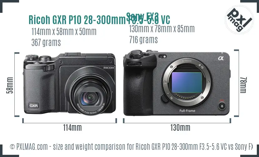 Ricoh GXR P10 28-300mm F3.5-5.6 VC vs Sony FX3 size comparison