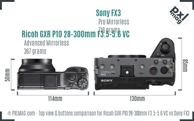 Ricoh GXR P10 28-300mm F3.5-5.6 VC vs Sony FX3 top view buttons comparison