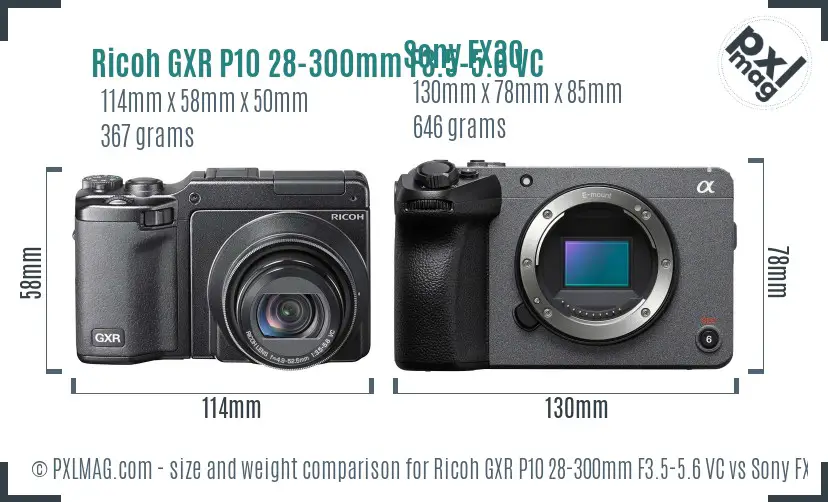 Ricoh GXR P10 28-300mm F3.5-5.6 VC vs Sony FX30 size comparison