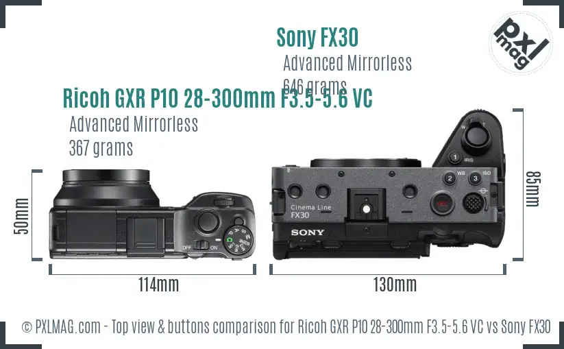 Ricoh GXR P10 28-300mm F3.5-5.6 VC vs Sony FX30 top view buttons comparison