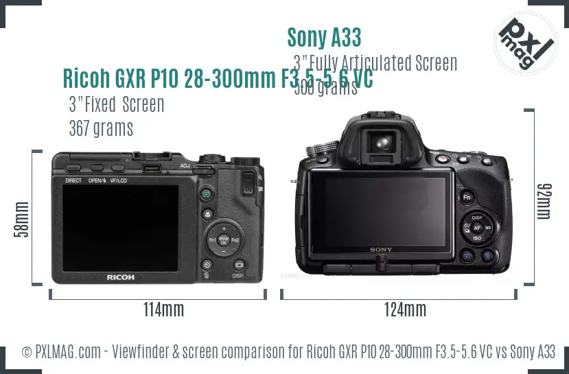 Ricoh GXR P10 28-300mm F3.5-5.6 VC vs Sony A33 Screen and Viewfinder comparison