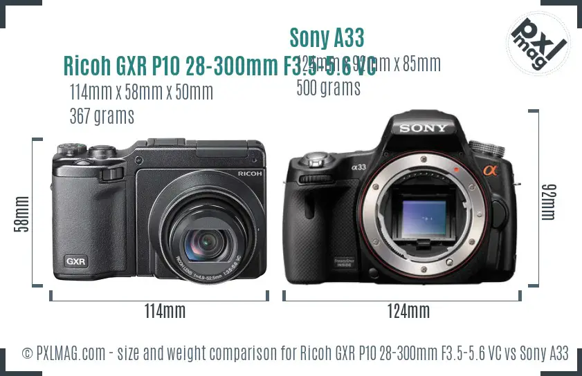 Ricoh GXR P10 28-300mm F3.5-5.6 VC vs Sony A33 size comparison