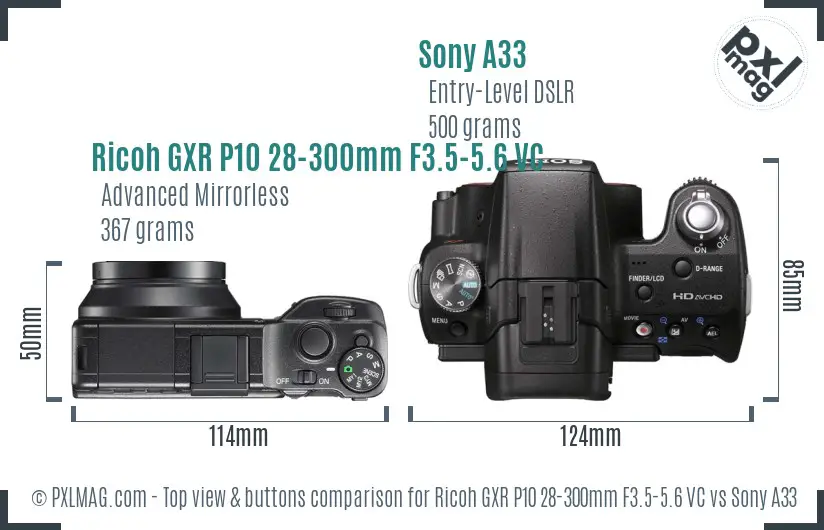 Ricoh GXR P10 28-300mm F3.5-5.6 VC vs Sony A33 top view buttons comparison